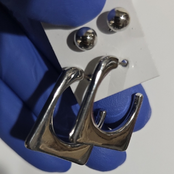 Silver Geometric Hoop & Stud Earrings Set – Modern Minimalist Fashion Jewelry - Picture 8 of 11